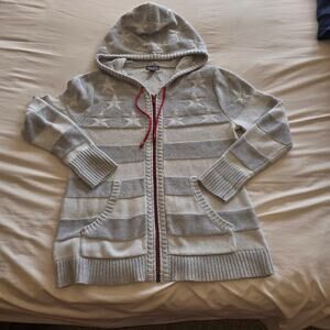 Eddie Bauer Sweater Womens Large 100% cotton grey stars Zip American Flag hoodie